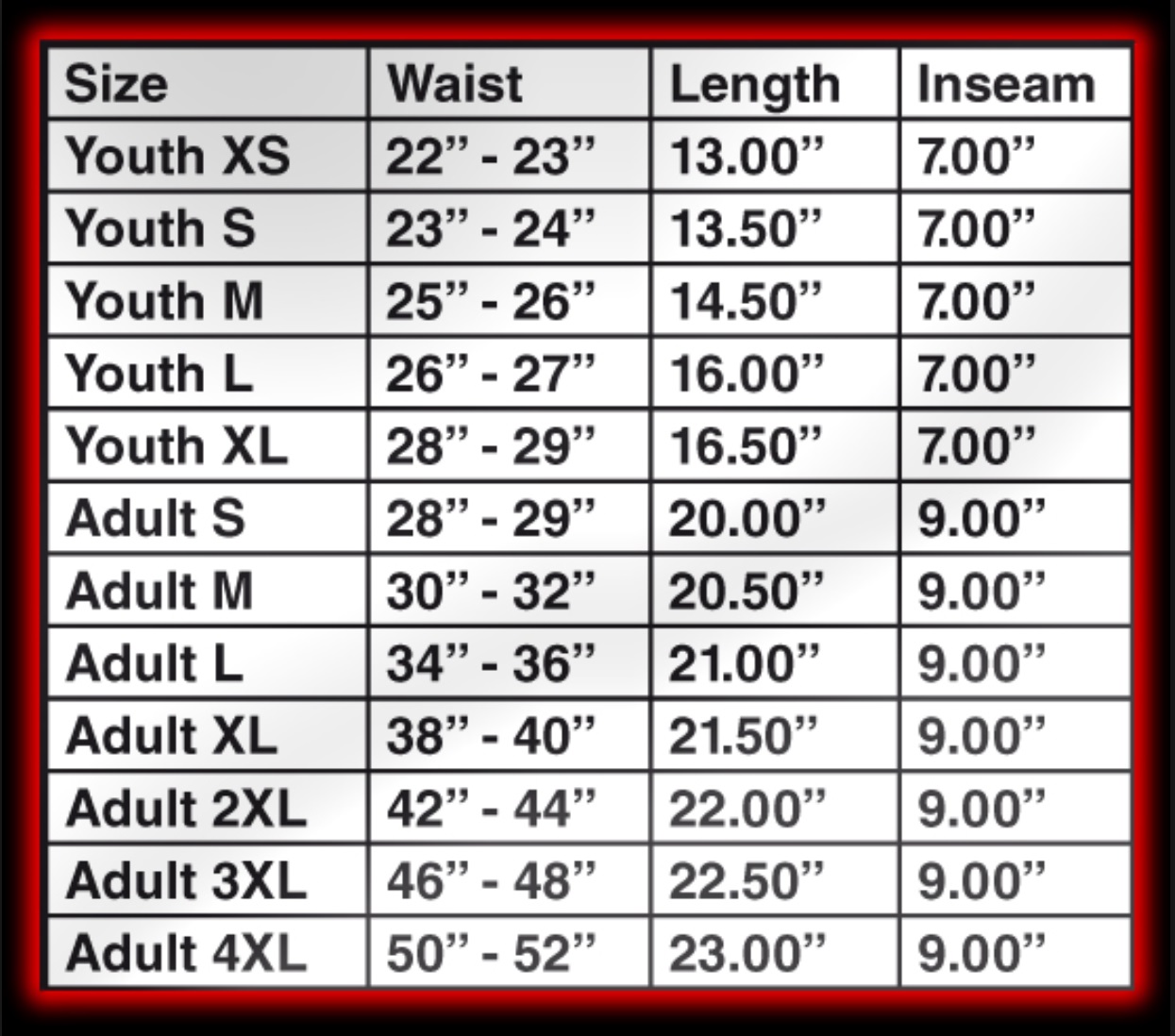 Mma Shorts Size Chart