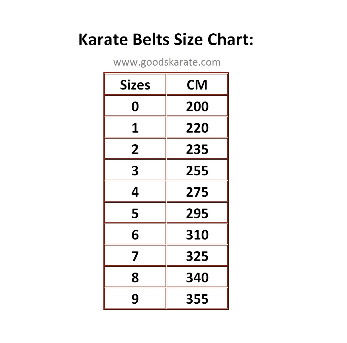 Martial Arts Belt Size Chart